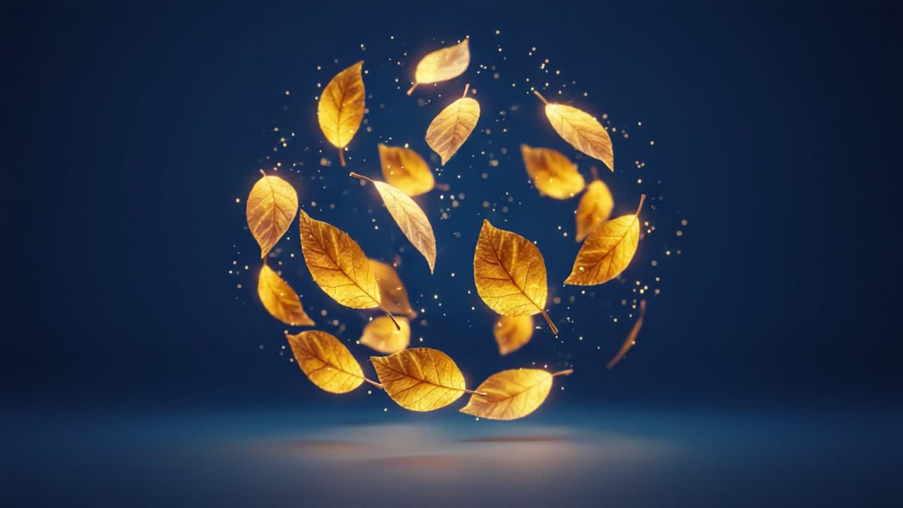 An Enchanting Dance of Golden Leaves Illuminating a Dark Background, Capturing the Beauty of Nature's Transition and the Magic of Autumn Through Dynamic Motion