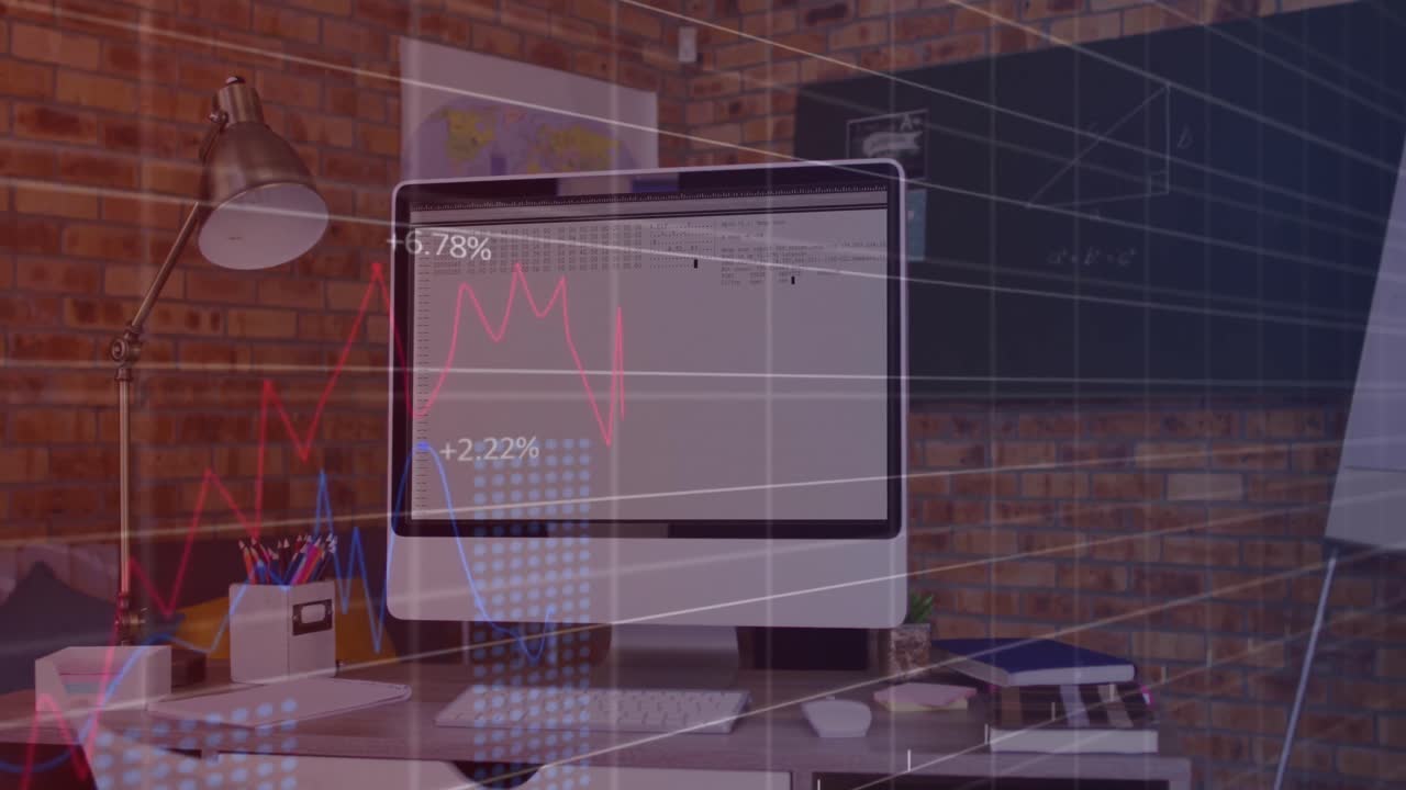 animación del procesamiento de datos estadísticos contra el equipo en el escritorio de la escuela