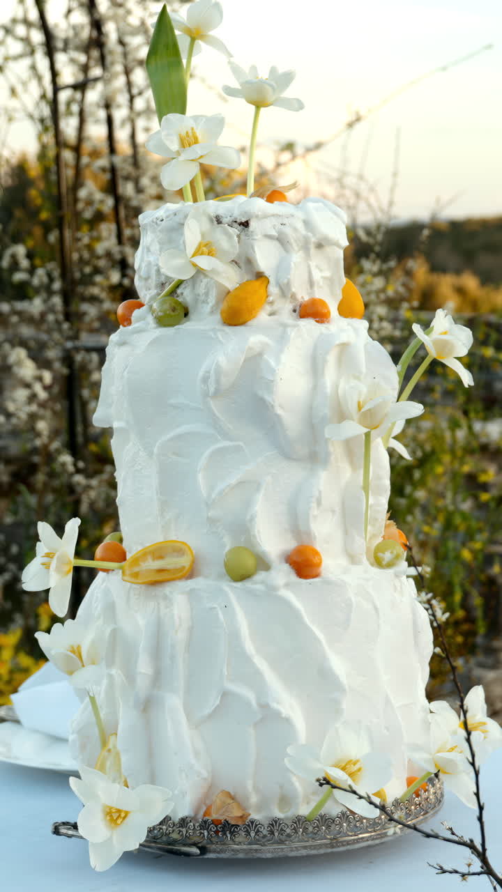 Bolo de casamento elegante com flores e frutas