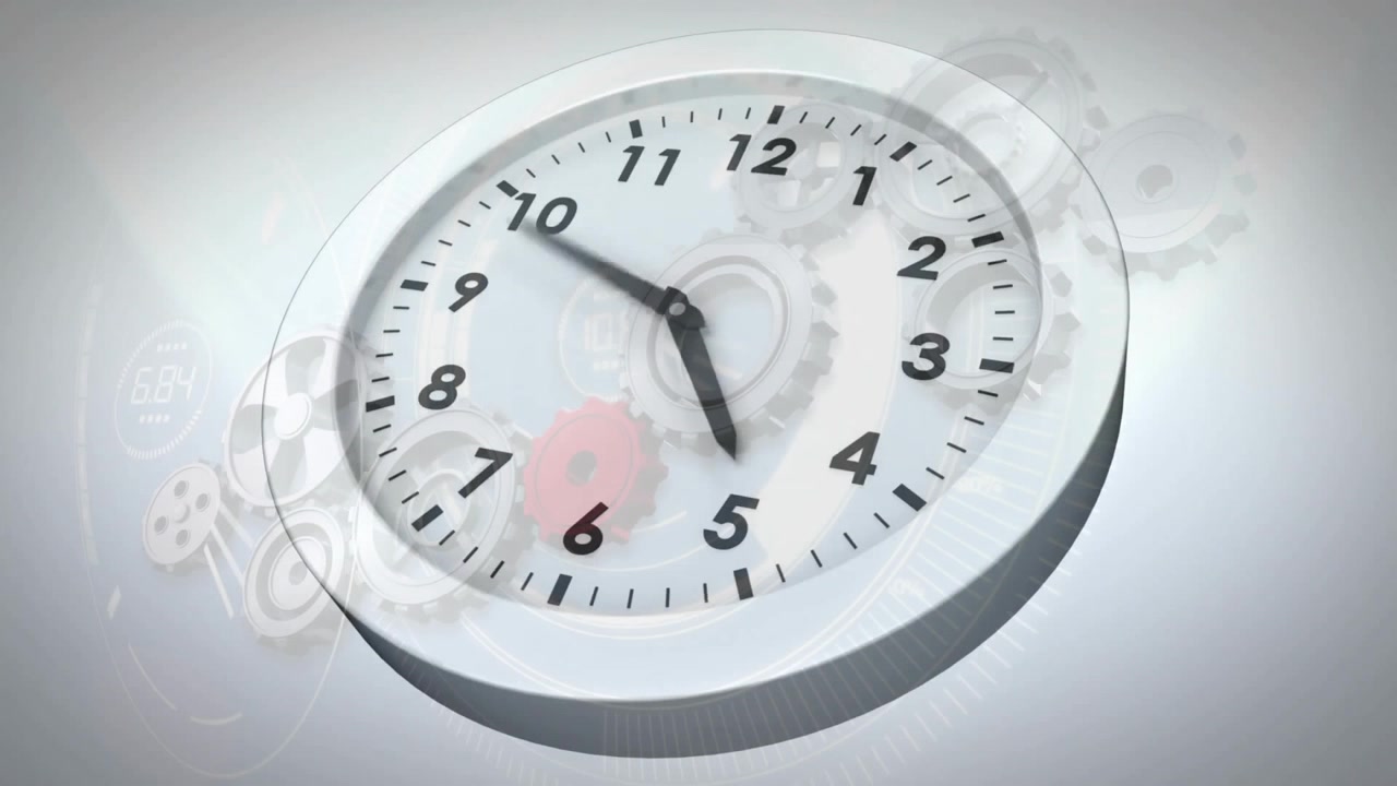 Animation of clock ticking over cogs working in background
