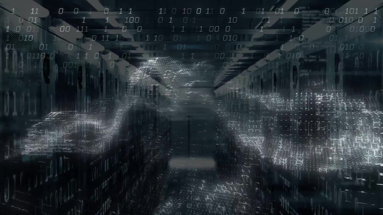 Vertical video: Rack aisle showing ribbon wave fed by network, forming binary veil visualizing data