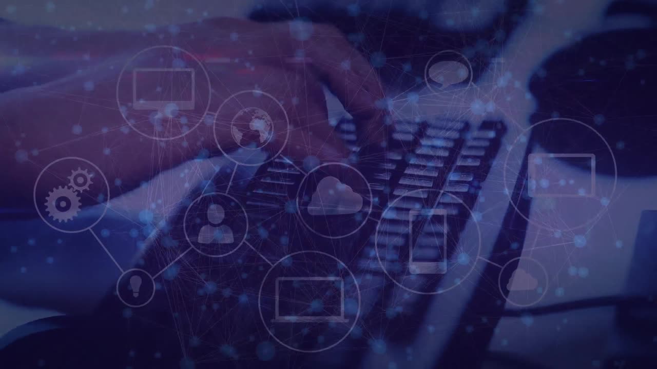 animación del alcance a través de la red de conexiones a través de una persona que utiliza el teclado de la computadora