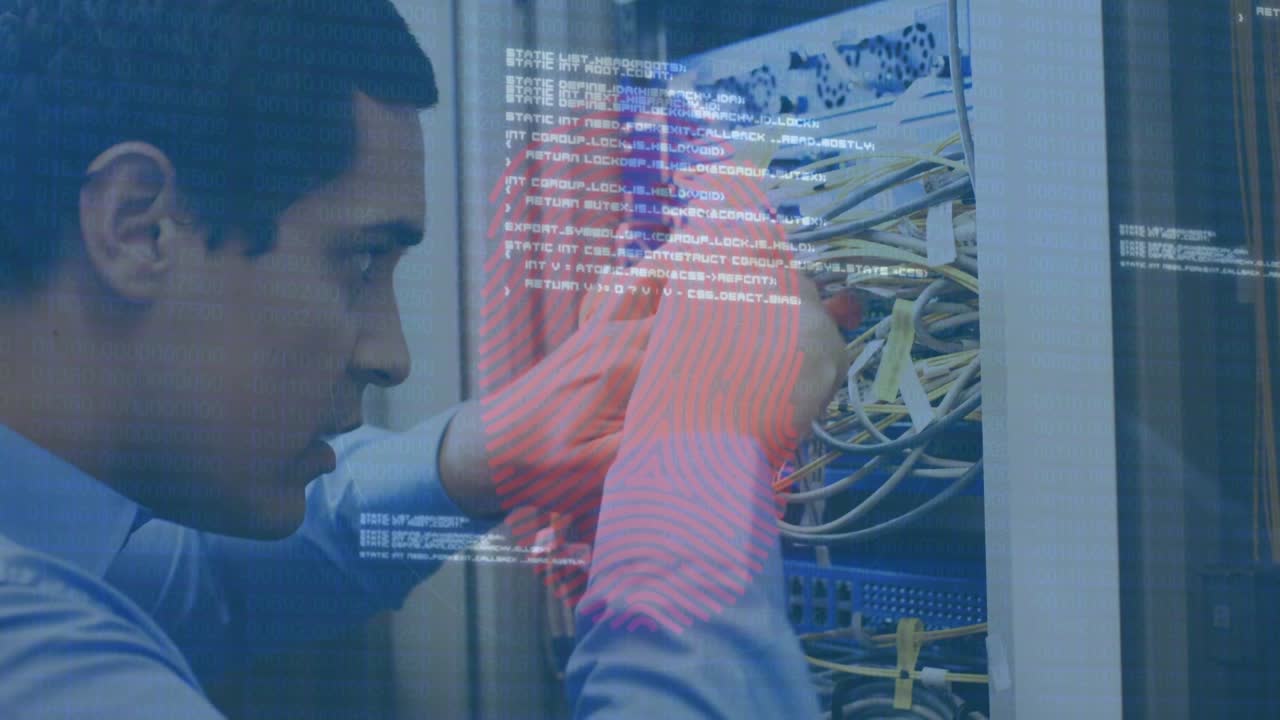 Animation of data processing over man in server room