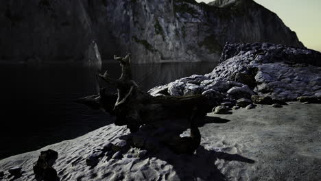 rocky shoreline along a tranquil lake reflects serene natural beauty