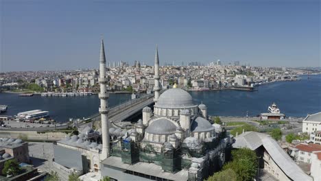 aerial view of new mosque and galata bridge. 4k footage in turkey