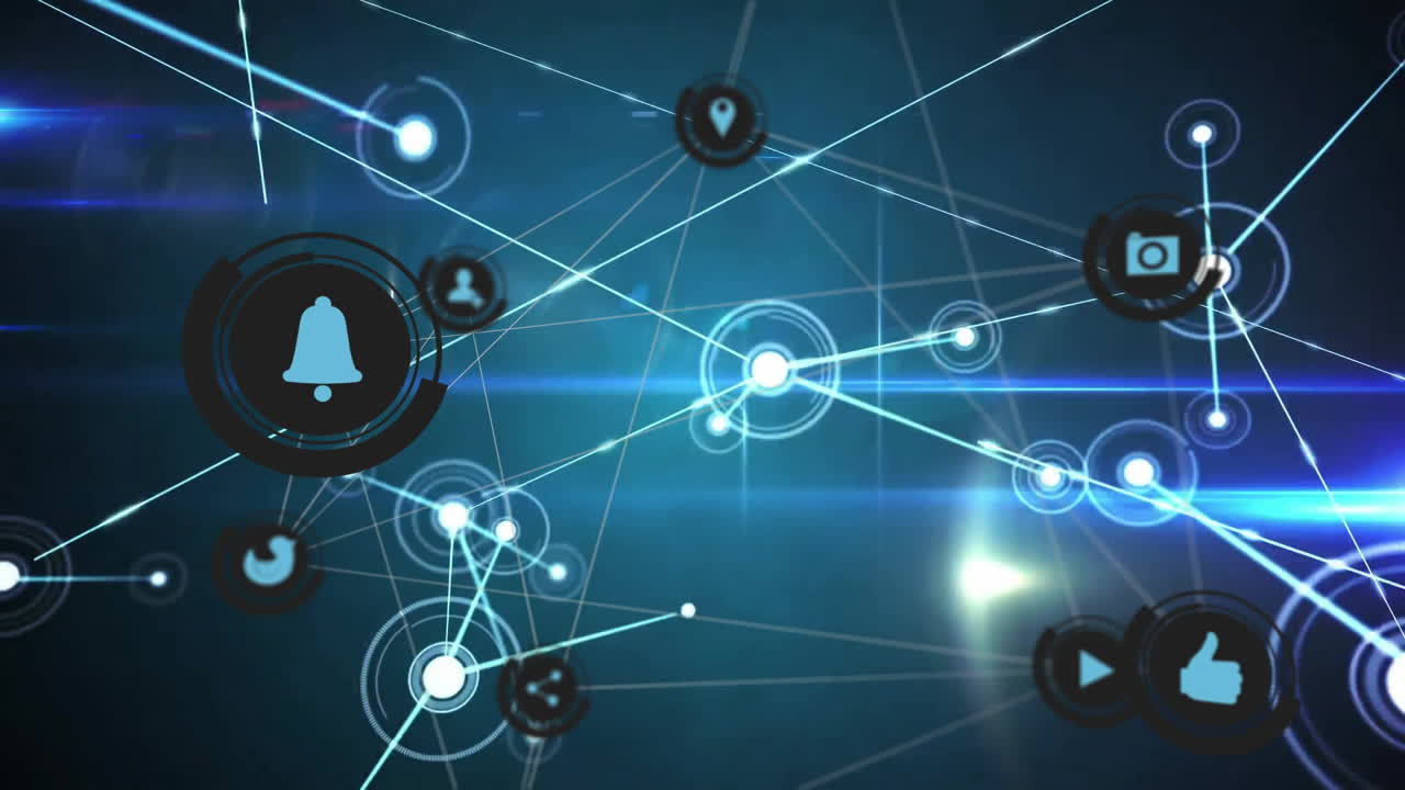 알림 아이콘과 네트워크 연결, 파란색 디지털 배경의 애니메이션