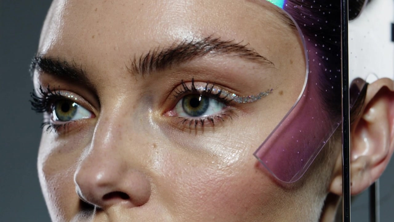 Opening eyes model adjusting gaze as camera zooming in studio rig, showing purple pad and eyeliner