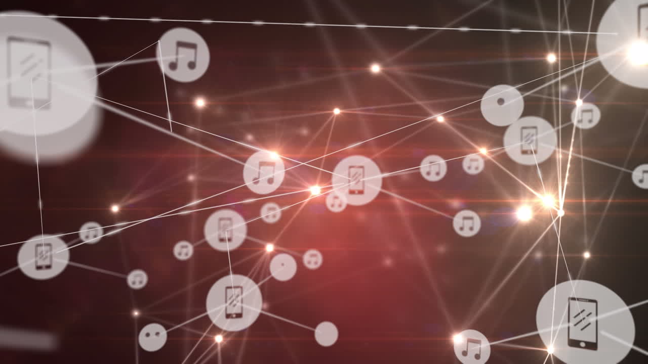 검은색 배경에 아이콘과 빛 반점이 있는 연결 네트워크의 애니메이션