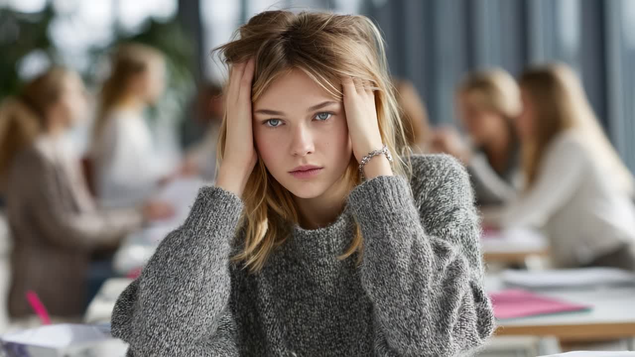 A Captivating Moment of Contemplation: A Young Woman Reflecting in a Cozy Environment, Surrounded by a Group of Others Engaged in Their Own Activities