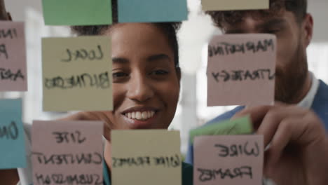 mixed-race-business-woman-using-sticky-notes--brainstorming-ideas-with-colleagues-problem-solving-using-creative-mind-map-planning-strategy-in-office-working-on-solution