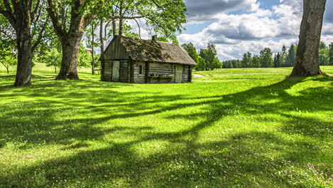 Cutting-the-lawn-with-a-riding-mower-at-a-countryside-cabin---time-lapse