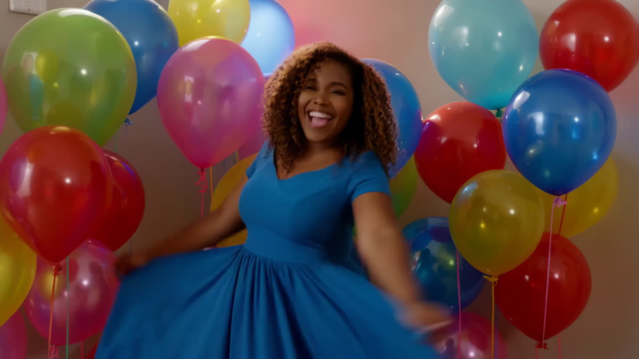 Woman Dancing Joyfully Among Colorful Balloons