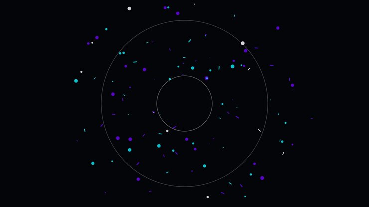 Motion graphics astratte con cerchi concentrici in espansione e particelle fluttuanti