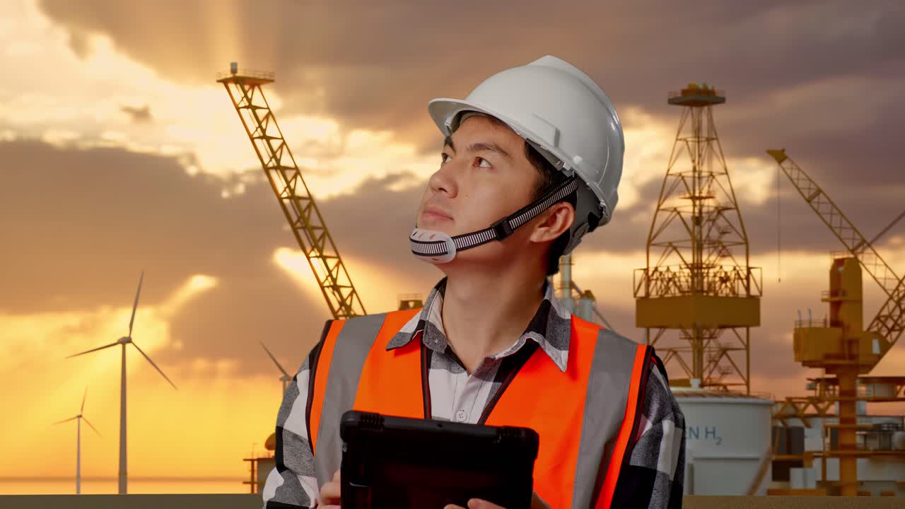 Close Up Of Asian Male Engineer With Safety Helmet Looking At The Tablet In His Hand And Looking Around While Standing With Offshore Hydrogen Production