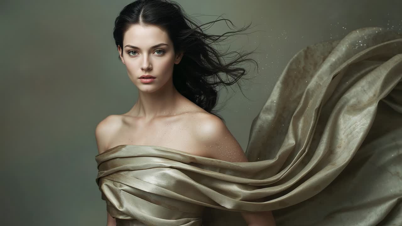 Airflow starting model holding neutral pose while hair and gold fabric billowing in studio portrait