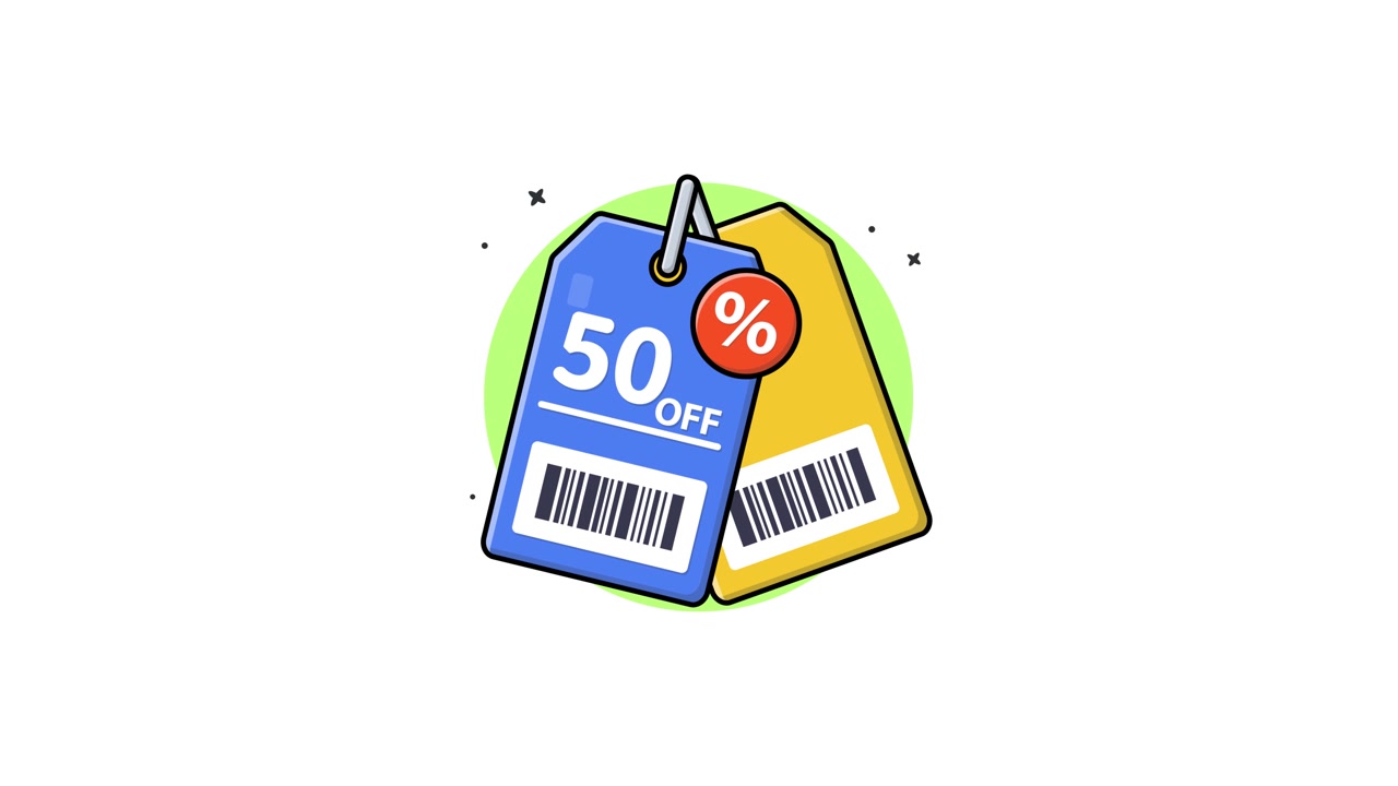 Etiquetas de Preço Animadas com 50% de Desconto e Códigos de Barras