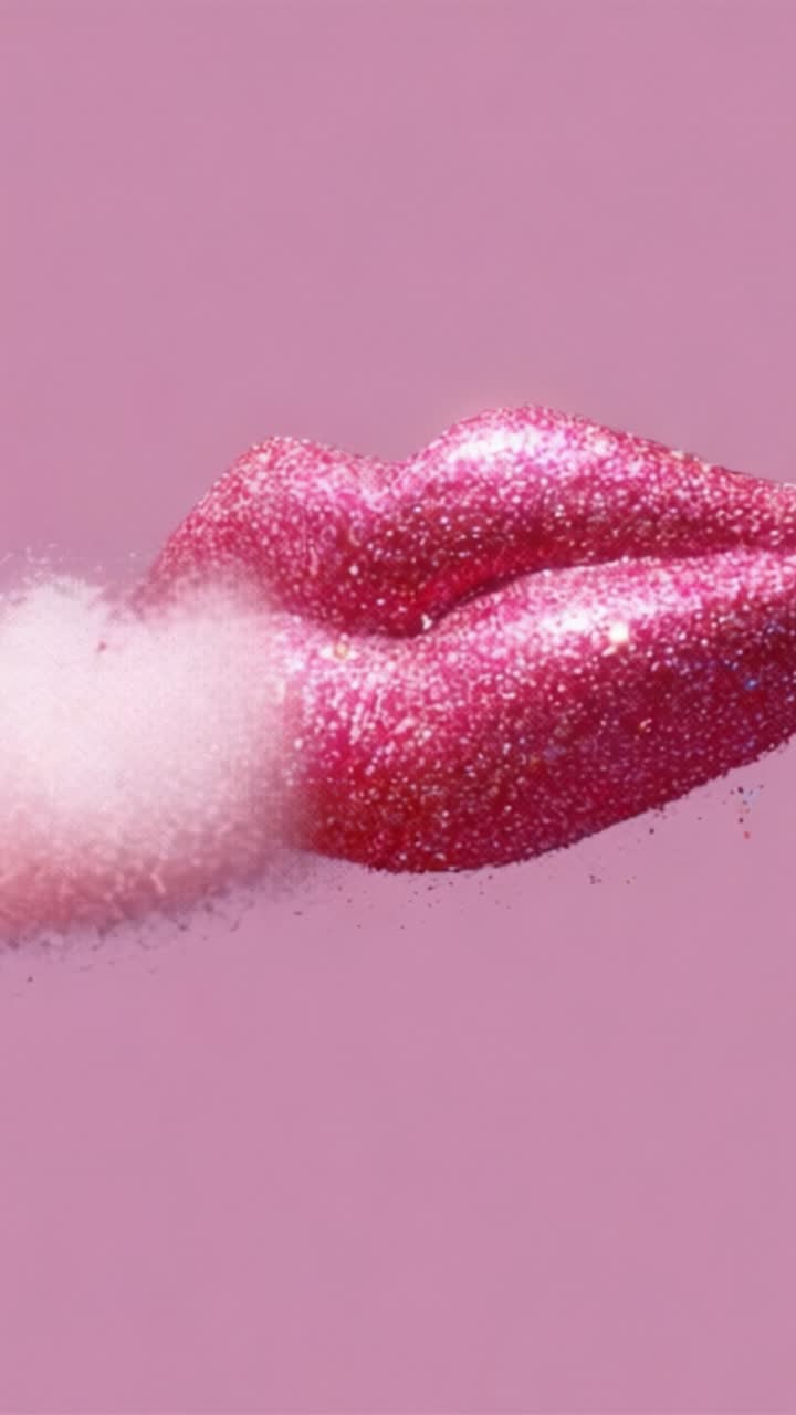 Labbra rosa scintillanti che rilasciano polvere brillante su uno sfondo rosa tenue, evocando un'estetica sognante e giocosa in una dichiarazione visiva all'avanguardia della moda.