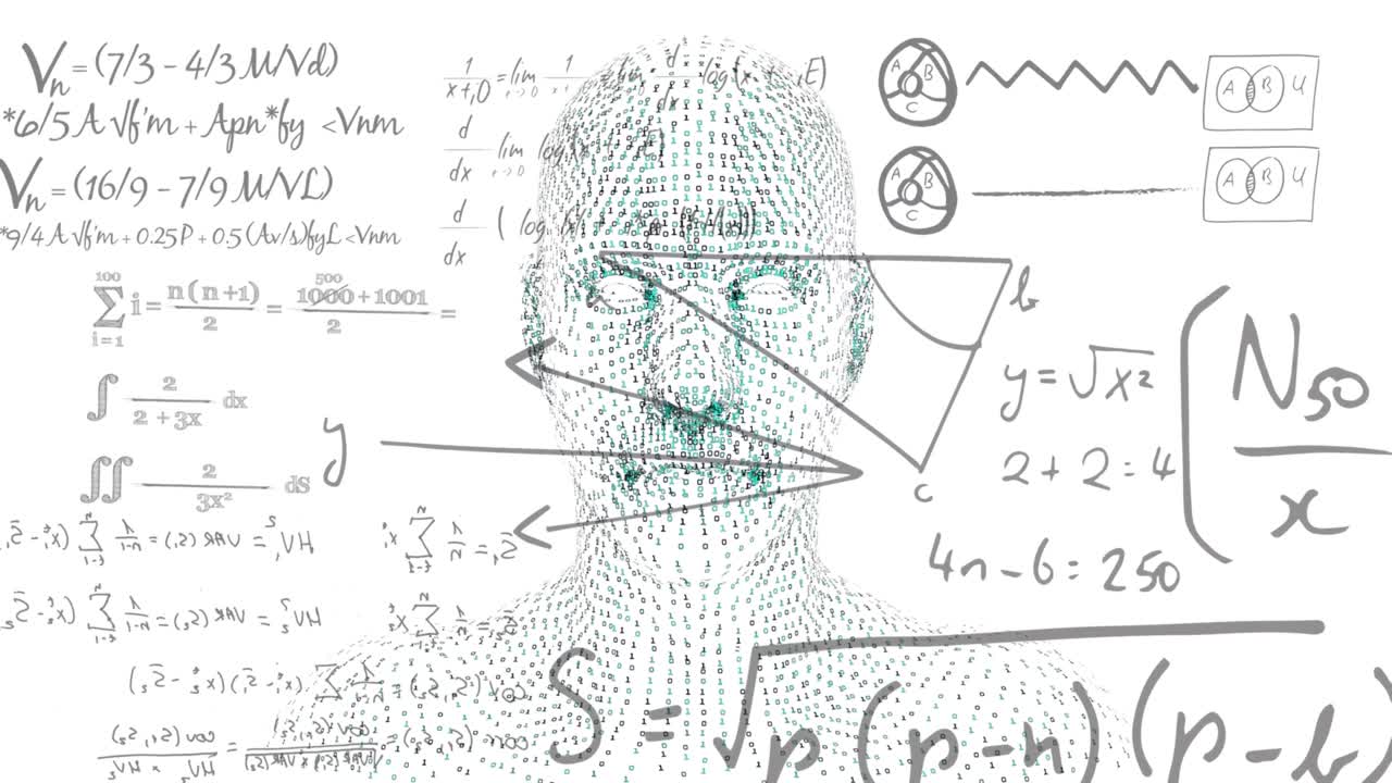 ⁇ 색 배경에 수학적 방정식에 대한 디지털 인간의 애니메이션