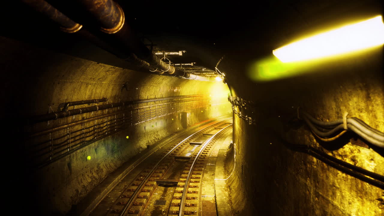 Exploring an underground tunnel with railway tracks and glowing lights