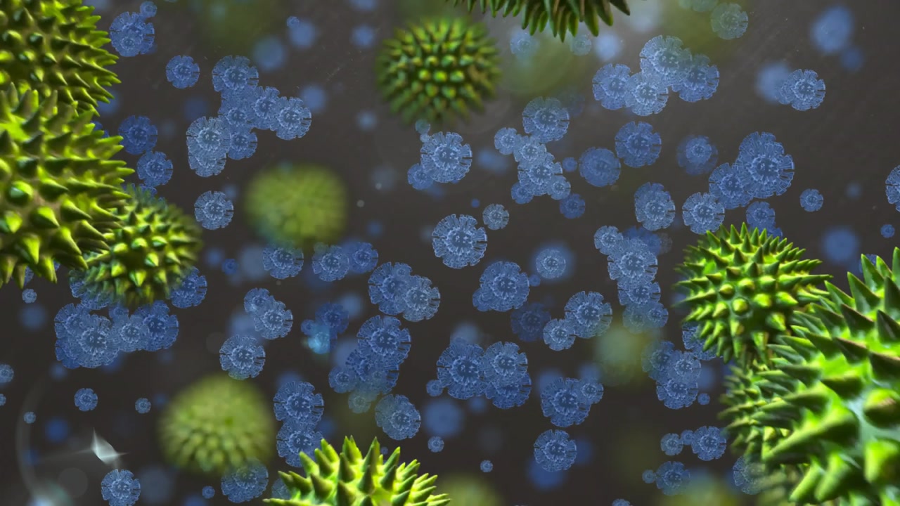 Green spiky spheres entering edges drifting across frame, passing blue cells, showing suspension