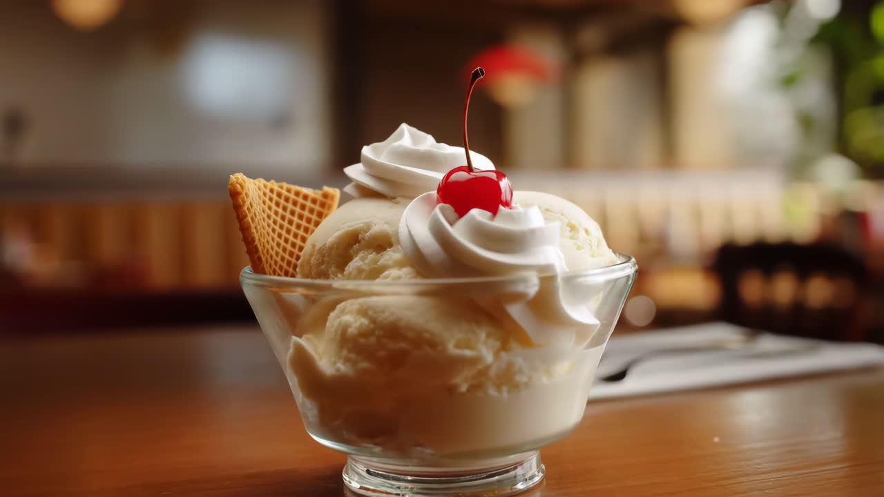 Ciotola di gelato alla vaniglia con ciliegia, cialda e panna montata su un bancone soleggiato di un caffè, palline cremose, cucchiaino pronto.