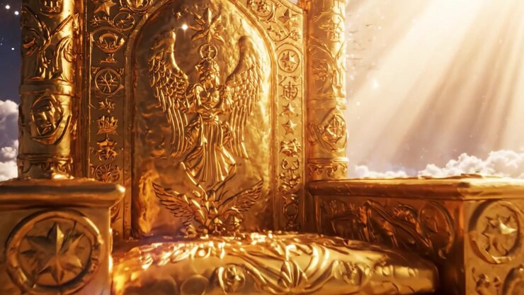 Un maestoso trono dorato circondato da nuvole eteree e illuminato da raggi solari radiosi, che simboleggia potere, divinità e maestà in un'ambientazione onirica