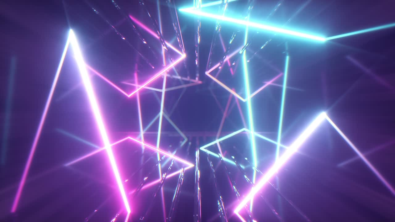 volando a través de líneas de neón brillantes creando un túnel, espectro azul rojo rosa violeta, luz ultravioleta fluorescente, iluminación moderna de colores, animación cg de bucle sin costuras de 4k