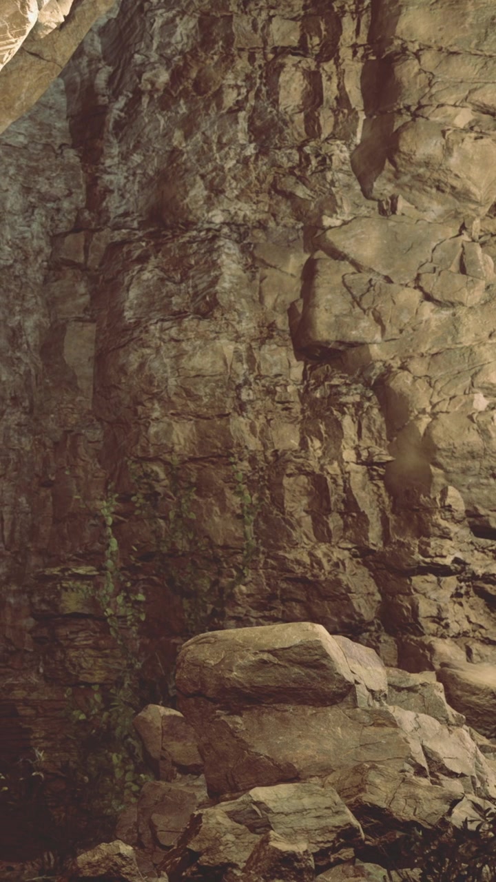 Rock formation in a cave with greenery along the base during daylight hours