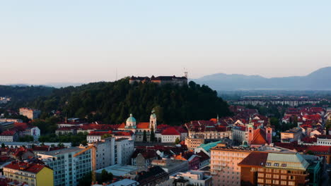 panorama of the ljubljana castle at the hill at the landscape in downtown ljubljana, slovenia