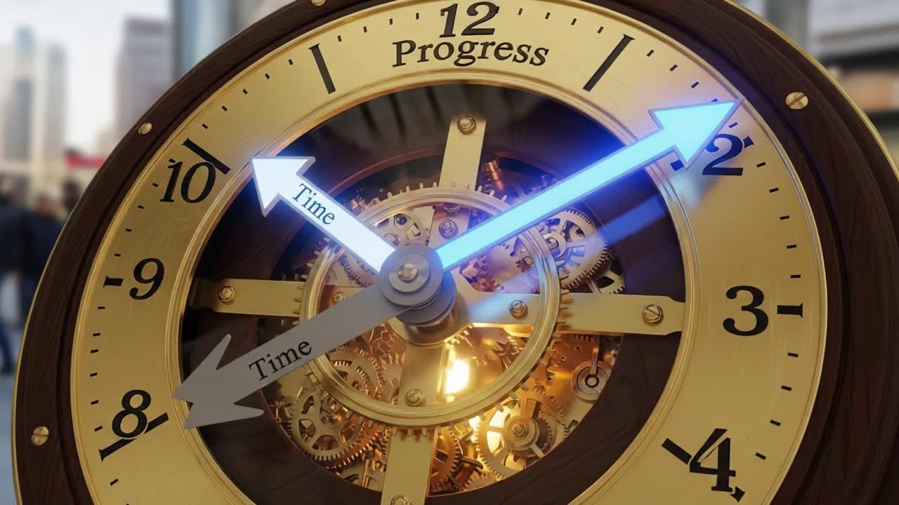 A captivating representation of time and progress captured in a beautifully designed clock, showcasing intricate gears and illuminated arrows, symbolizing the passage of time