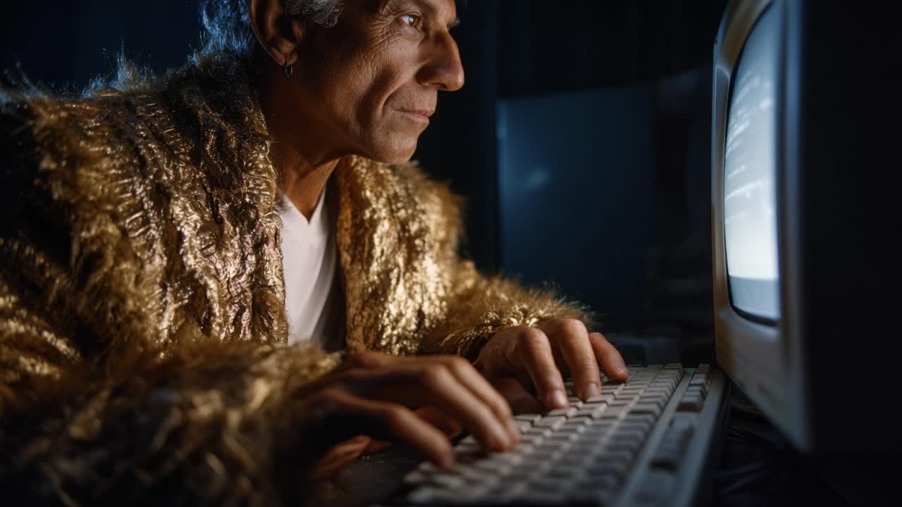 Et eftertænksomt øjeblik med en mand i en gylden jakke, dybt fordybet i en vintage computer, hvilket fremhæver temaerne nostalgi, teknologi og kreativitet.