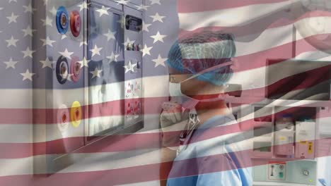 Animation-of-USA-flag-with-healthcare-worker-in-background-during-coronavirus-pandemic