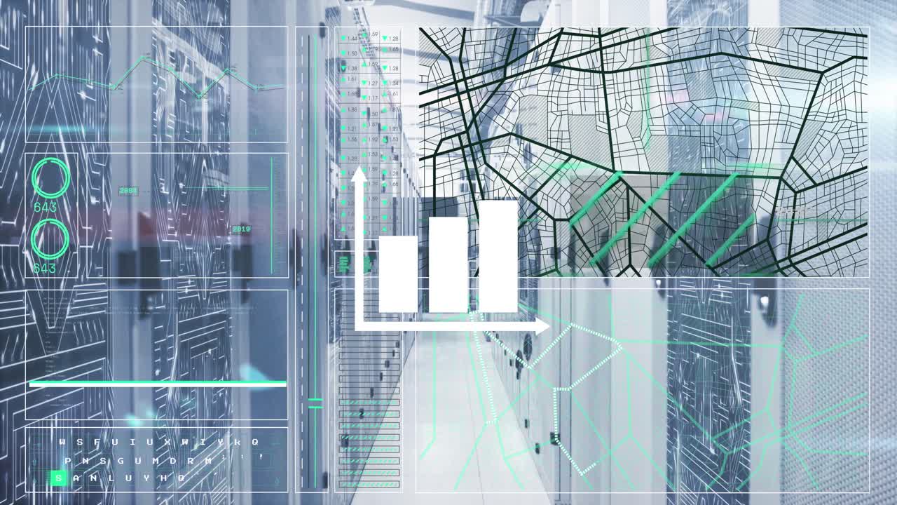 animación de estadísticas, conexiones y procesamiento de datos a través de servidores informáticos.
