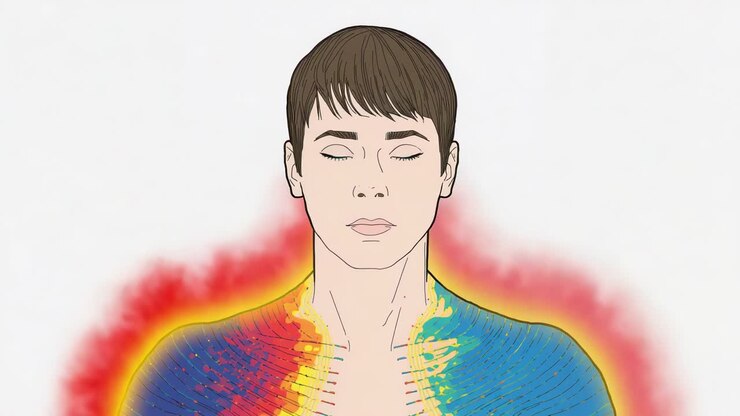 Bagliore rosso proveniente dalla spalla sinistra, uomo che forma un'aureola e gradiente che mostra energia su sfondo bianco