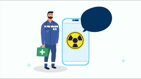 médico con teléfono inteligente y señal de precaución