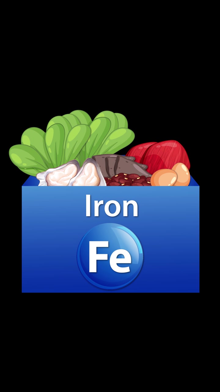 Vari alimenti ricchi di ferro che appaiono in una scatola con il simbolo del ferro