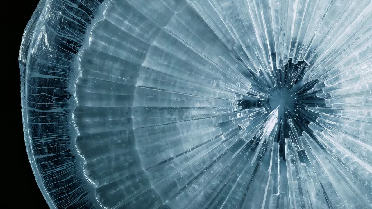 Shifting disc revealing radial ribs, dark core and drifting bubbles in tank during light change