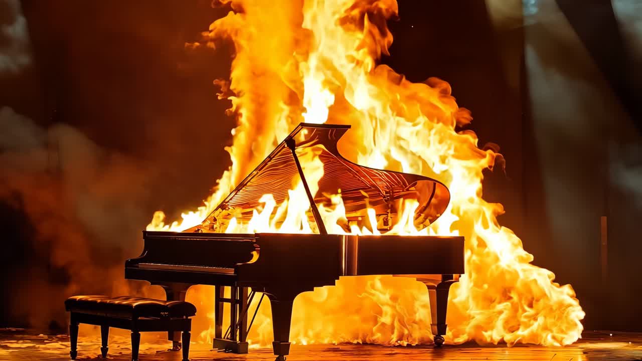 무대에서 불타는 그랜드 피아노