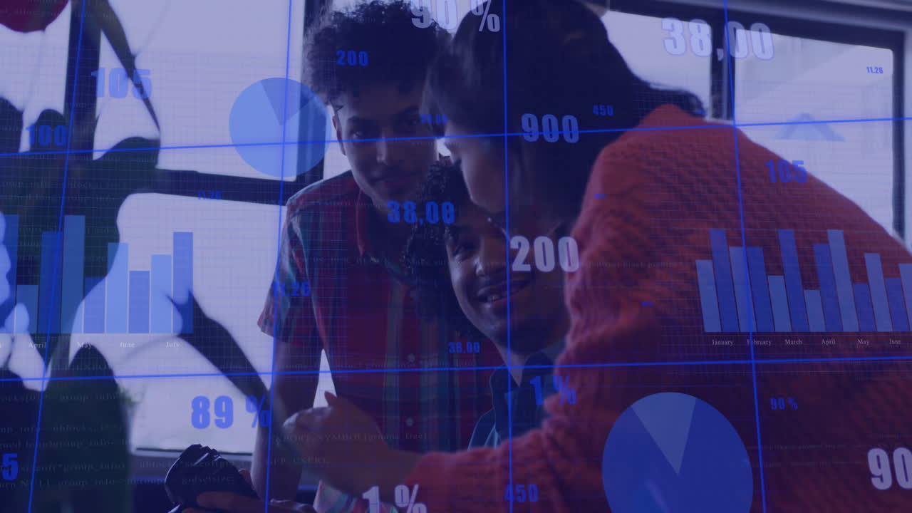 Collaborating on financial data and graphs, business team discussing in office