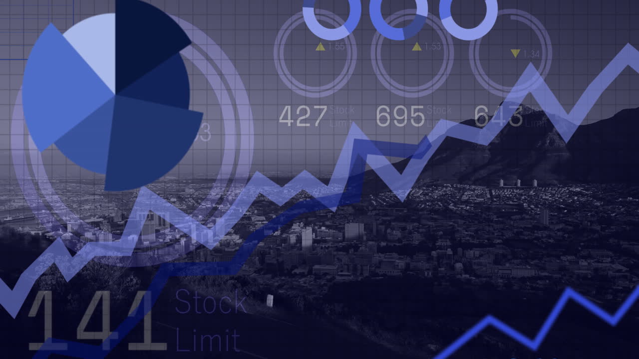 animación del procesamiento de datos financieros sobre la ciudad