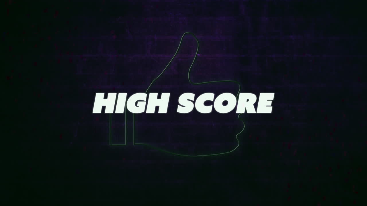 Animation of high score text banner over neon green like icon against brick wall background