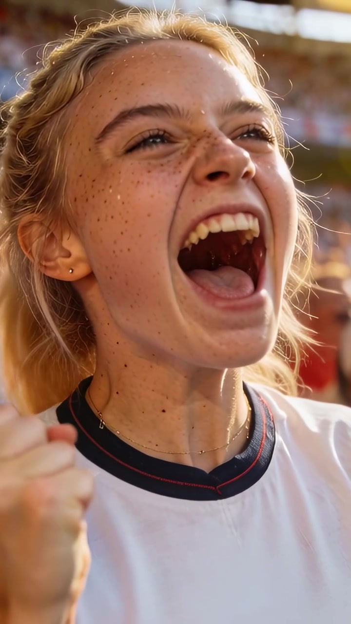 Video vertical: Fan adolescente animando después de una gran jugada, gritando y luego riendo en el estadio, con mejillas con purpurina.