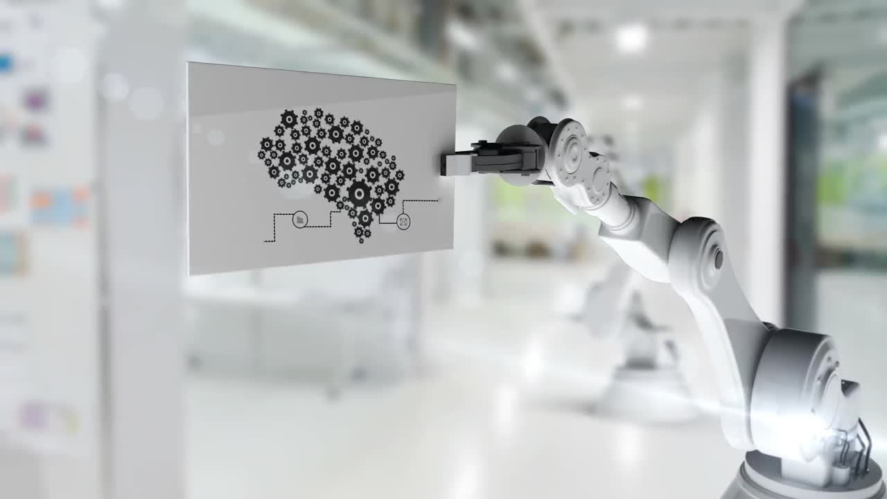 video generado digitalmente de la tarjeta de retención del brazo robótico con diagrama de la máquina