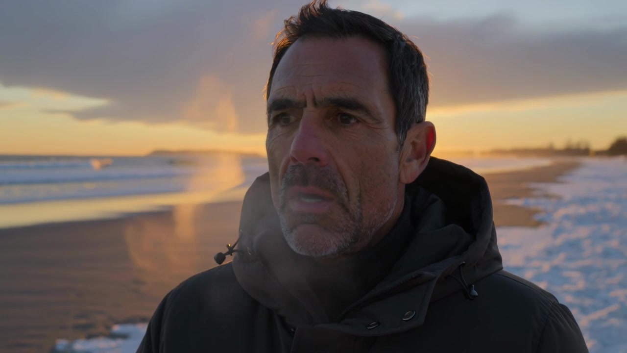 Uomo che espira, che indossa un parka scuro, che osserva il tramonto su una riva fredda, l'aria fredda che causa una nuvola di vapore dal respiro.