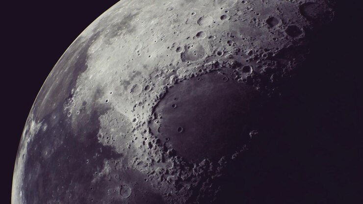 Superfície lunar majestosa revela crateras e sombras sob o luar