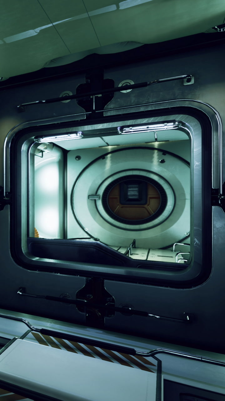 Inside a futuristic spacecraft docking bay with a circular door opening