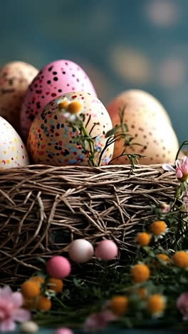 kleurrijke paaseieren in een nest. een nest gevuld met levendige paaseieren omringd door bloeiende bloemen, die een feestelijke lente-atmosfeer creëren.