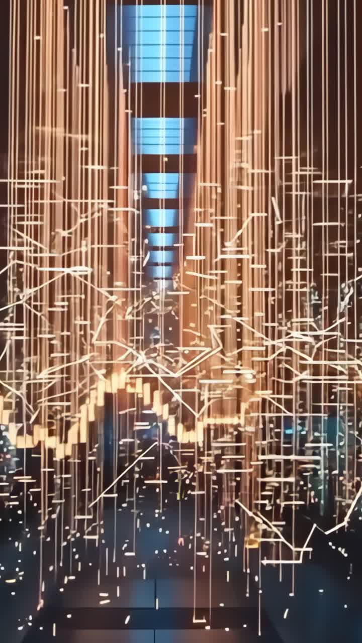 Vertical video: Animating golden waveform oscillating in digital grid corridor, sparks, blue light
