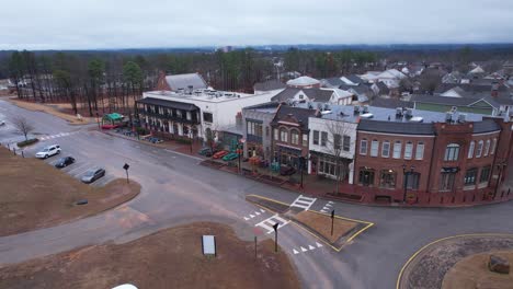 aerial orbit of charming small town shops and eateries at moss rock preserve in hoover, alabama