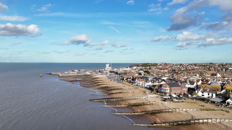 Whitstable-beach--Kent-UK--panning-Drone,-Aerial